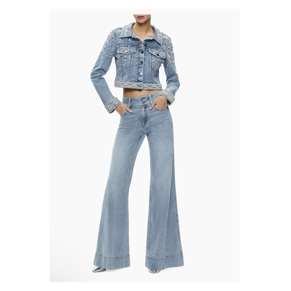 New! Alice & Olivia Nelson Crystal & Pearl Embellished Denim Jacket - Picture 4 of 12